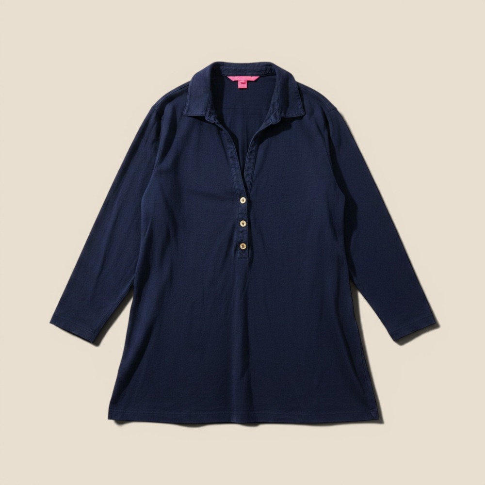 Lilly Pulitzer Navy Blue Cotton Knit Henley Tunic Top Gold Logo Buttons XL
